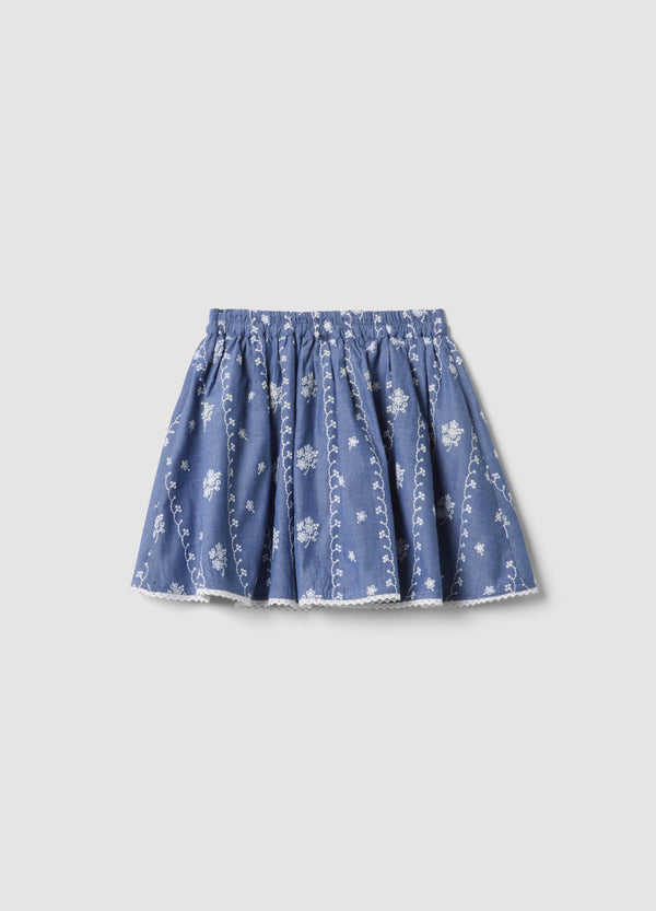 OVS Blue Pure Cotton Mini Skirt With Embroidery