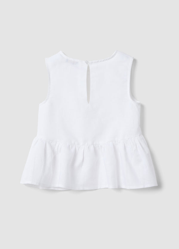 OVS White Linen-Blend Cotton Top With Ruffle Hem For Girls, Regular Fit