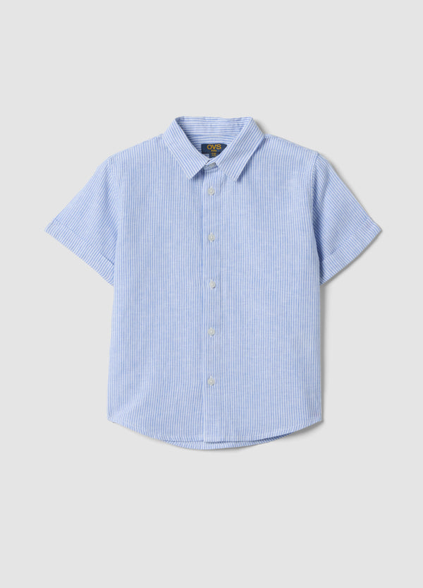 OVS Boys’ Light Blue Striped Linen-Cotton Blend Shirt, Regular Fit
