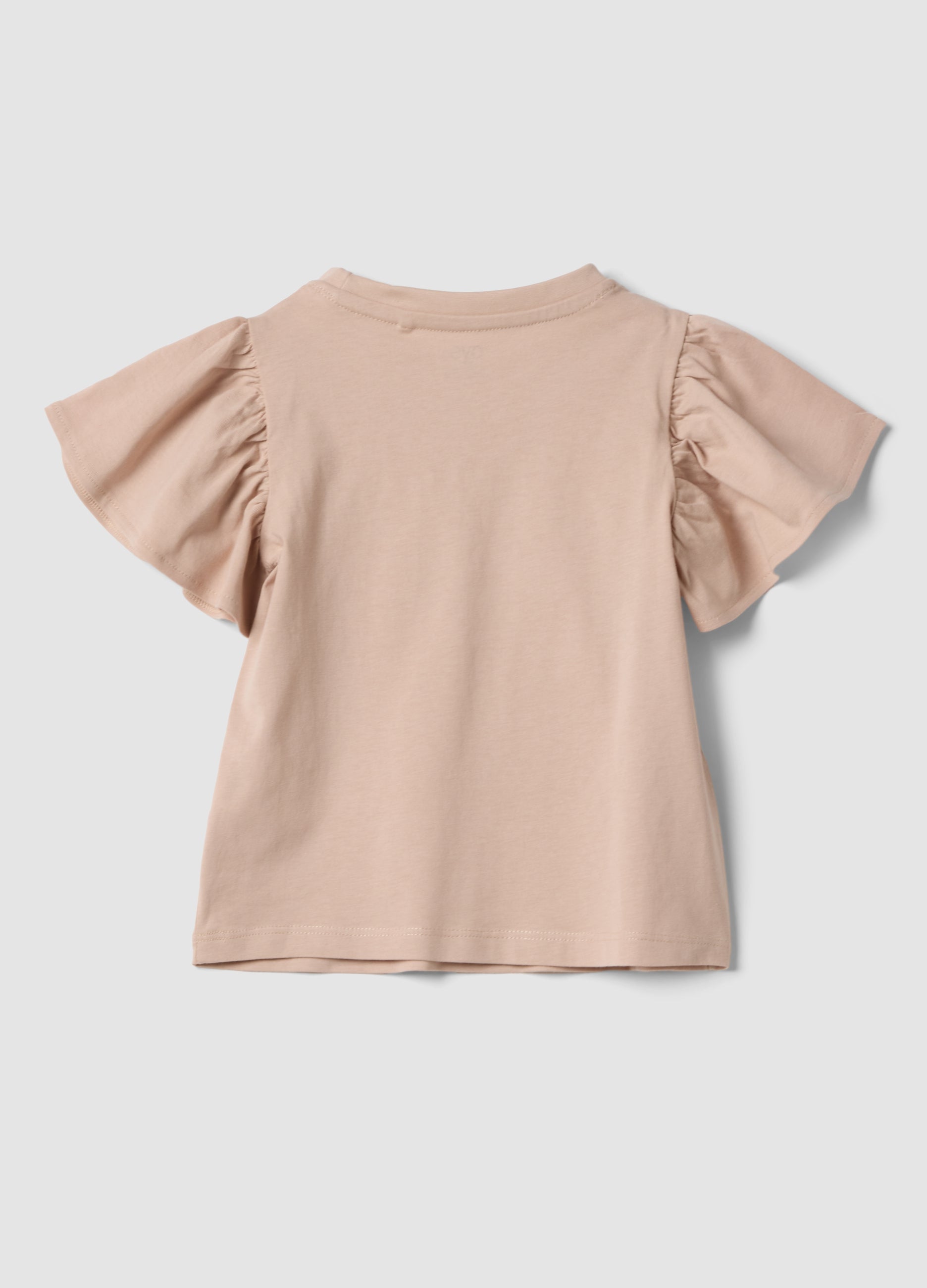 OVS Girls Beige Pure Cotton T-Shirt With Ruffles And Rhinestones