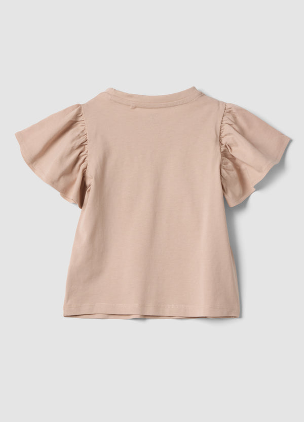 OVS Girls Beige Pure Cotton T-Shirt With Ruffles And Rhinestones