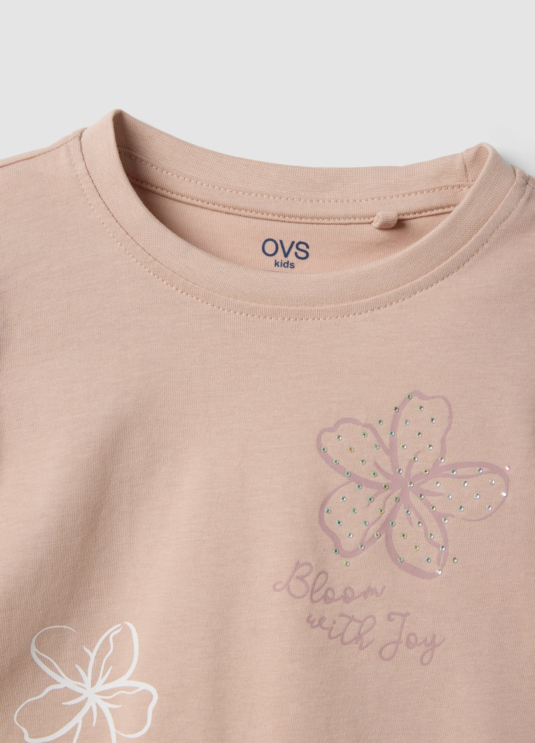 OVS Girls Beige Pure Cotton T-Shirt With Ruffles And Rhinestones