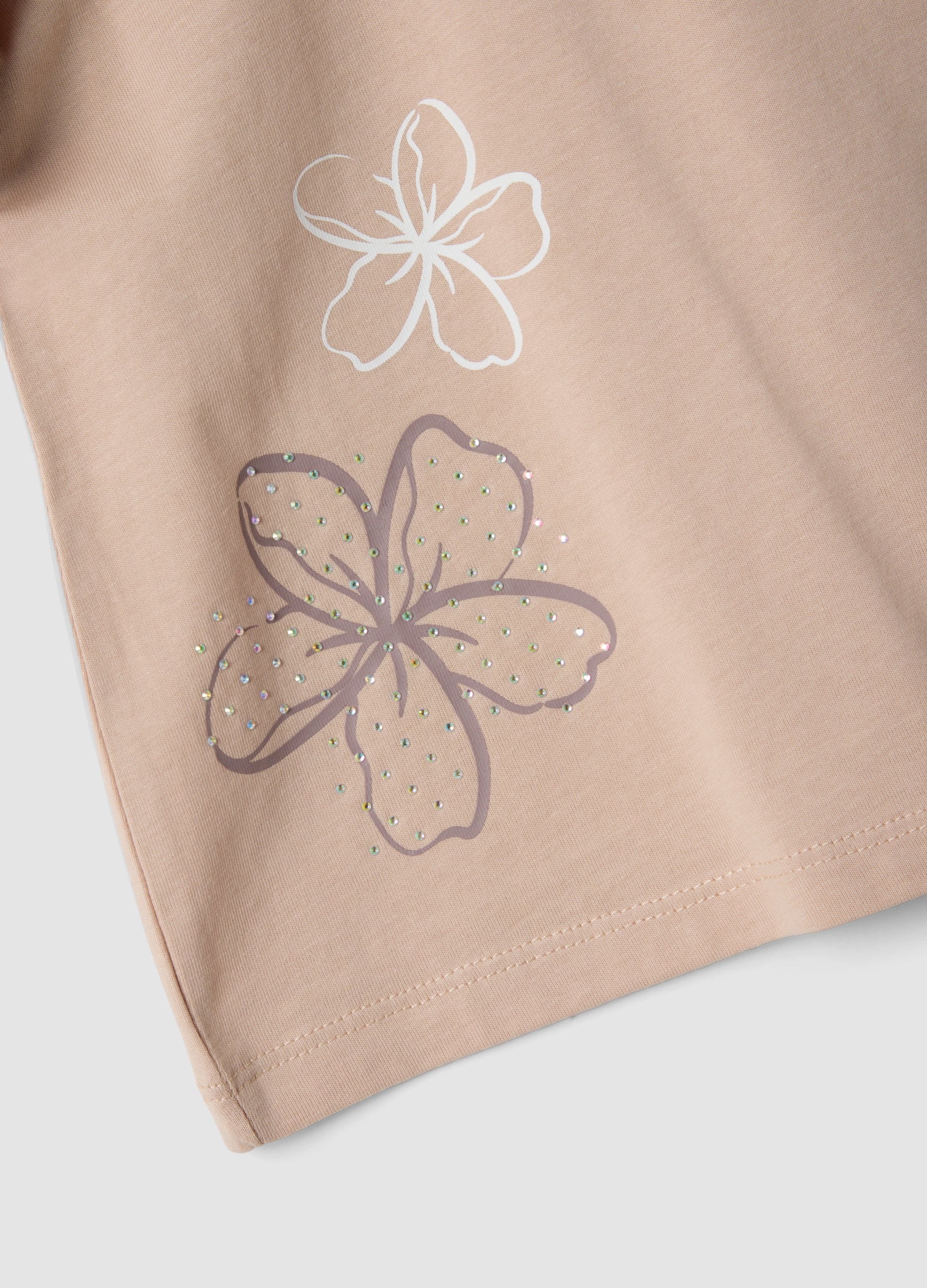 OVS Girls Beige Pure Cotton T-Shirt With Ruffles And Rhinestones