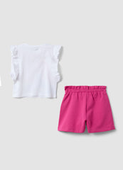 OVS White And Pink Stretch Cotton T-Shirt And Shorts Set For Girls, Regular Fit