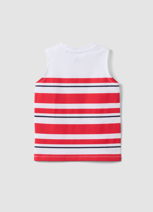 OVS Boys' White Vest With Red Stripes In Pure Cotton, Regular Fit