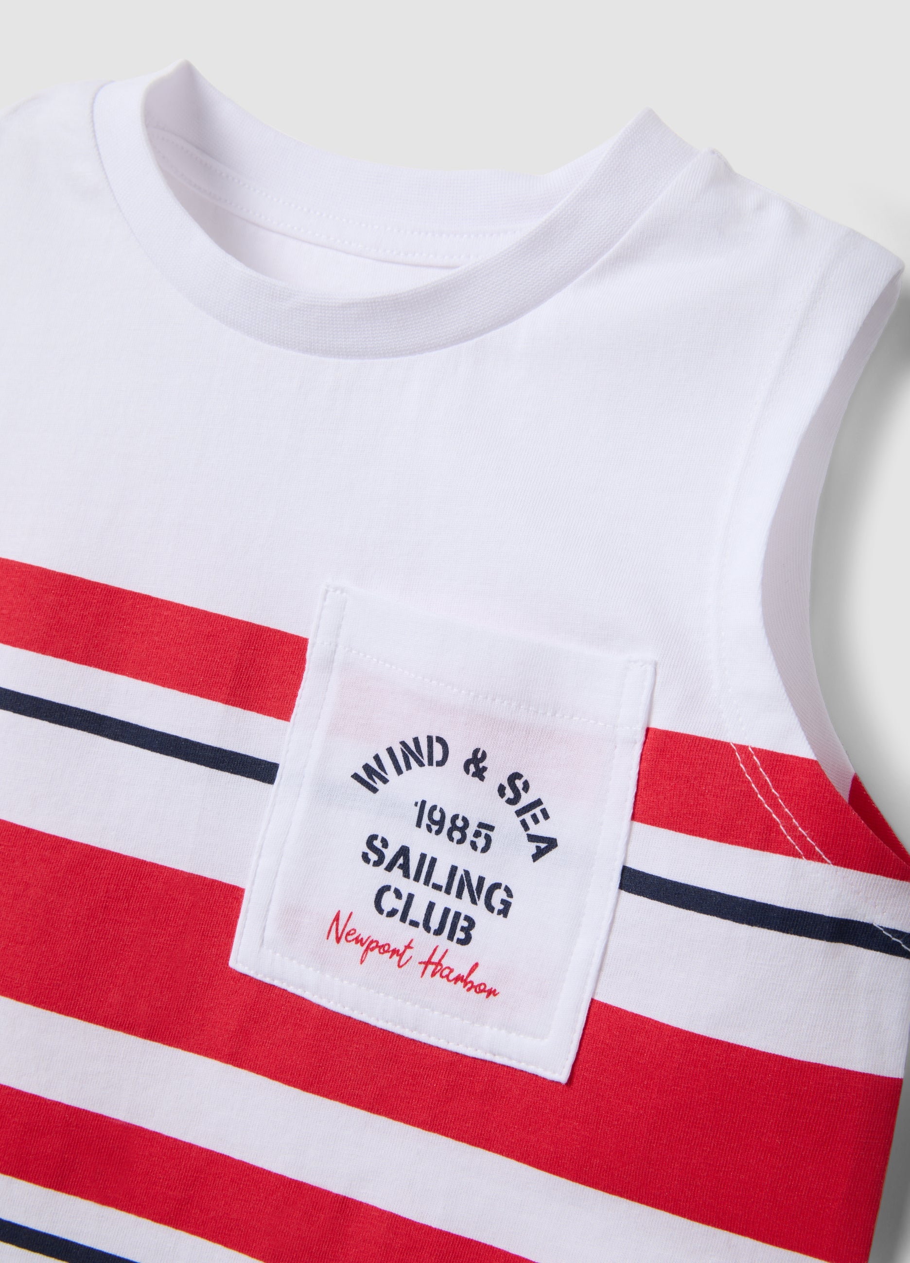 OVS Boys' White Vest With Red Stripes In Pure Cotton, Regular Fit