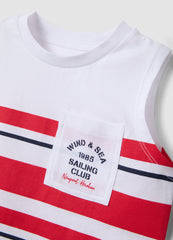 OVS Boys' White Vest With Red Stripes In Pure Cotton, Regular Fit