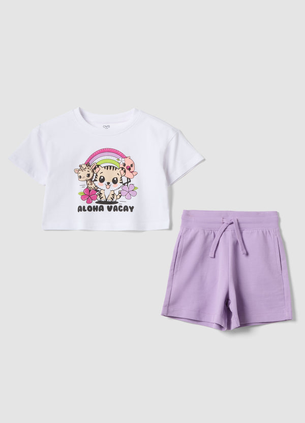 OVS White And Purple Pure Cotton Jogging Set For Girls, Regular Fit