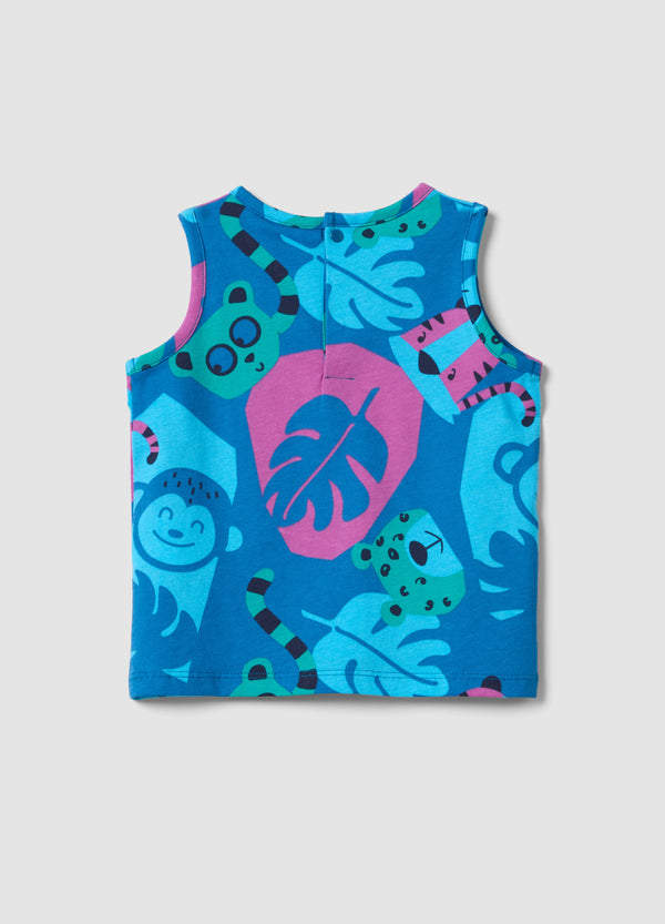OVS Blue Organic Cotton Tank Top With Tropical Print