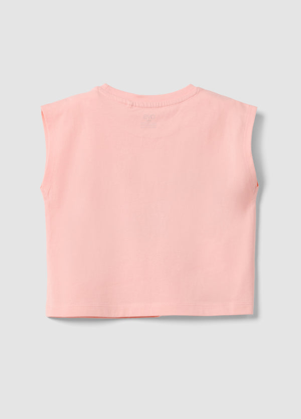 OVS Pink Organic Cotton Printed Tank Top For Girls, Regular Fit