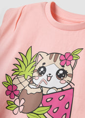 OVS Pink Organic Cotton Printed Tank Top For Girls, Regular Fit