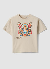 OVS Beige Short-Sleeve Pure Cotton T-Shirt For Baby Boy, Oversized Fit