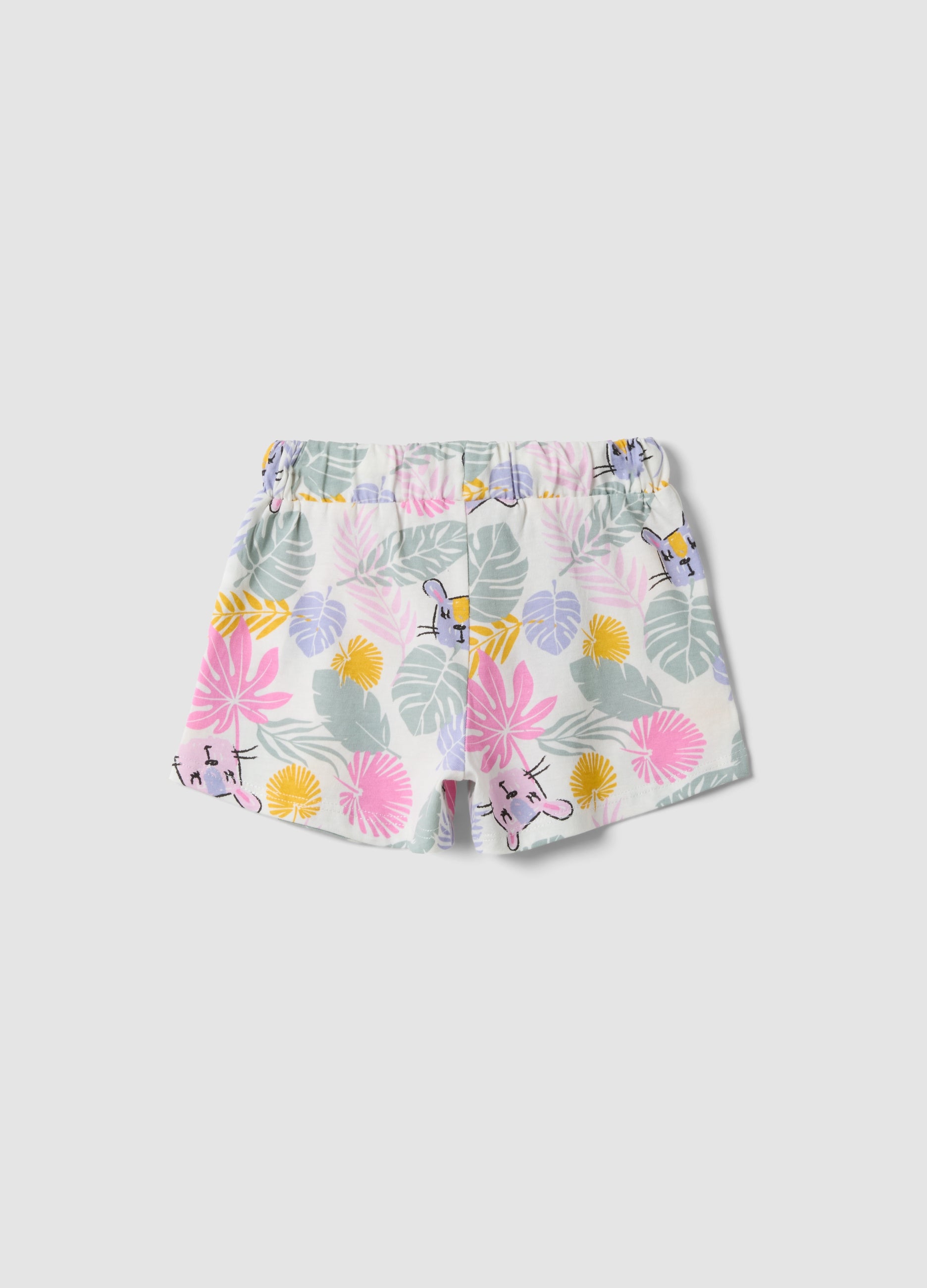 OVS White Pure Organic Cotton Shorts With Tropical Print For Baby Girls, Regular Fit