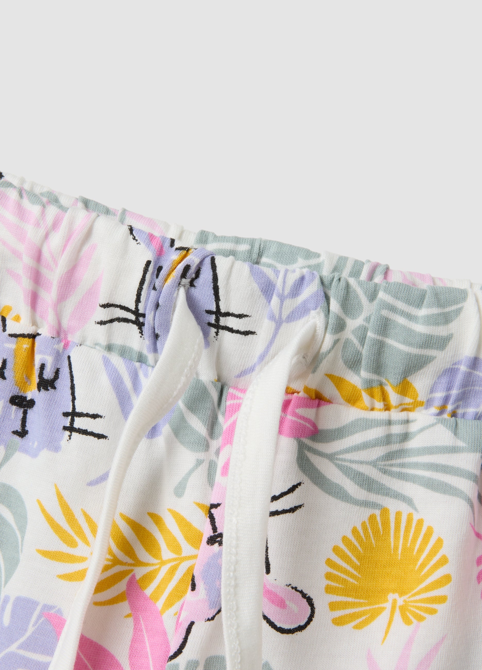 OVS White Pure Organic Cotton Shorts With Tropical Print For Baby Girls, Regular Fit