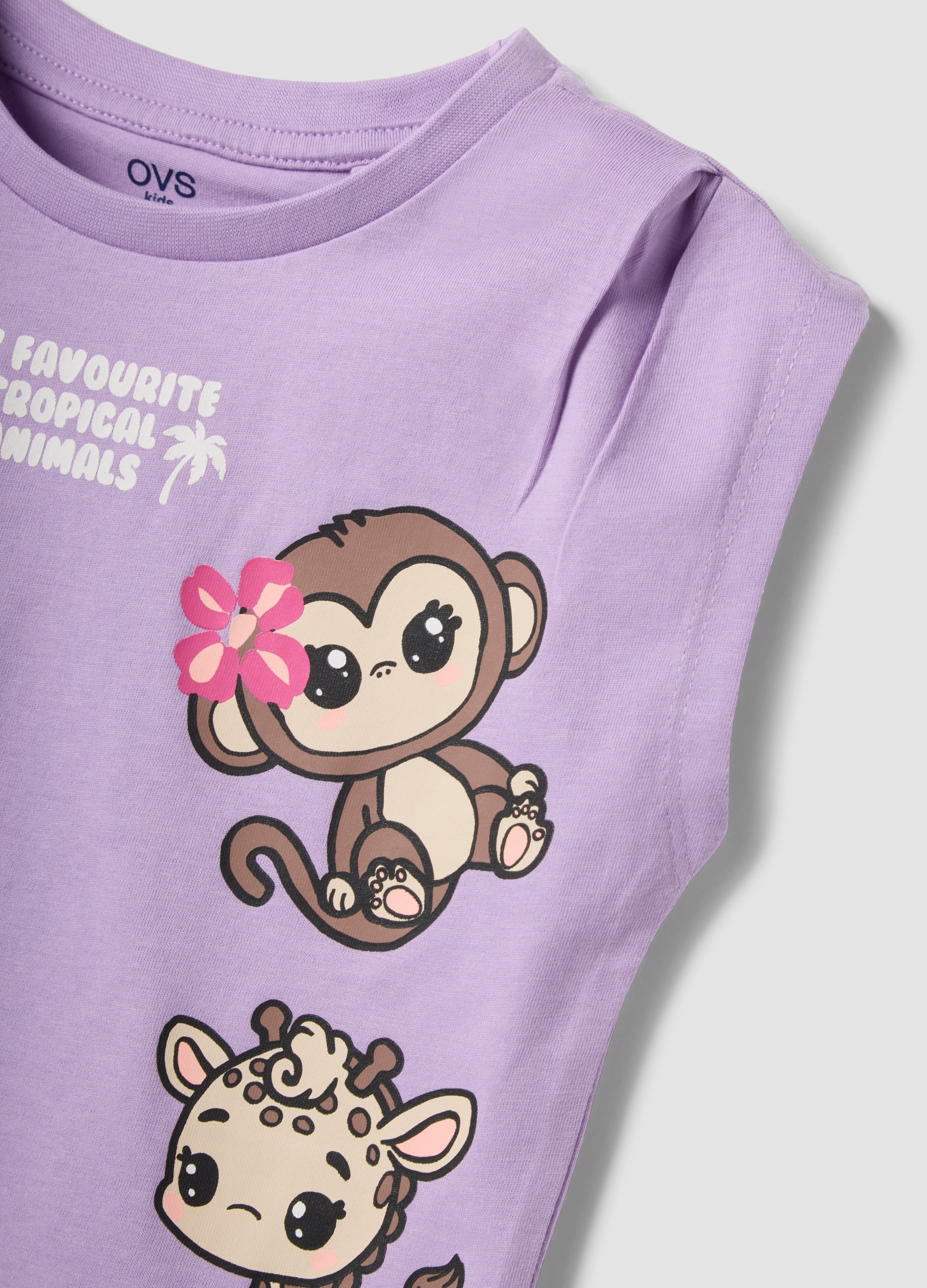 OVS Purple Pure Cotton Tank Top With Tropical Print