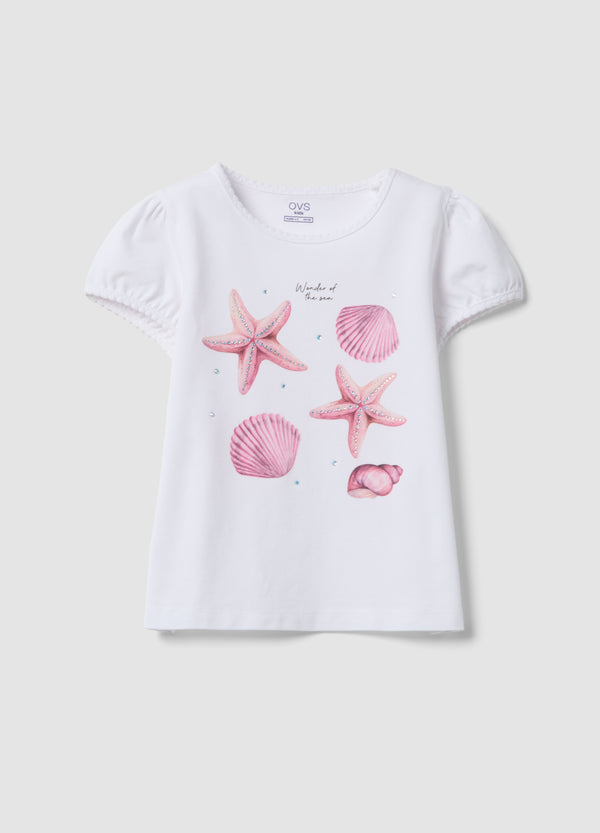 OVS White Stretch Cotton T-Shirt With Seaside Print