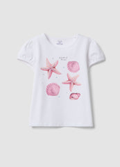 OVS White Stretch Cotton T-Shirt With Seaside Print