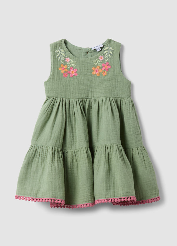 OVS Green Pure Cotton Mini Dress With Floral Embroidery