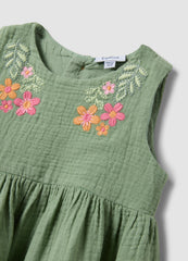 OVS Green Pure Cotton Mini Dress With Floral Embroidery