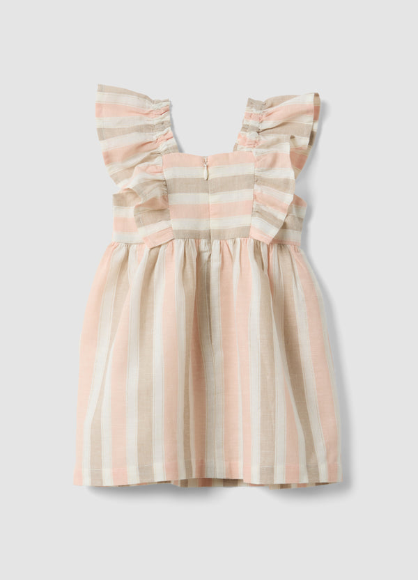 OVS Pink Striped Cotton And Linen-Blend Dress With Ruffles