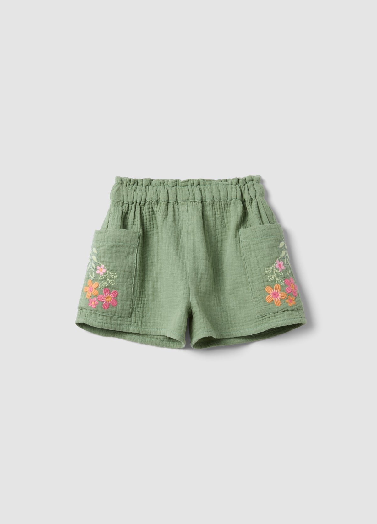 OVS Green Pure Cotton Shorts With Floral Embroidery For Baby Girl, Regular Fit