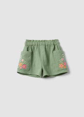 OVS Green Pure Cotton Shorts With Floral Embroidery For Baby Girl, Regular Fit