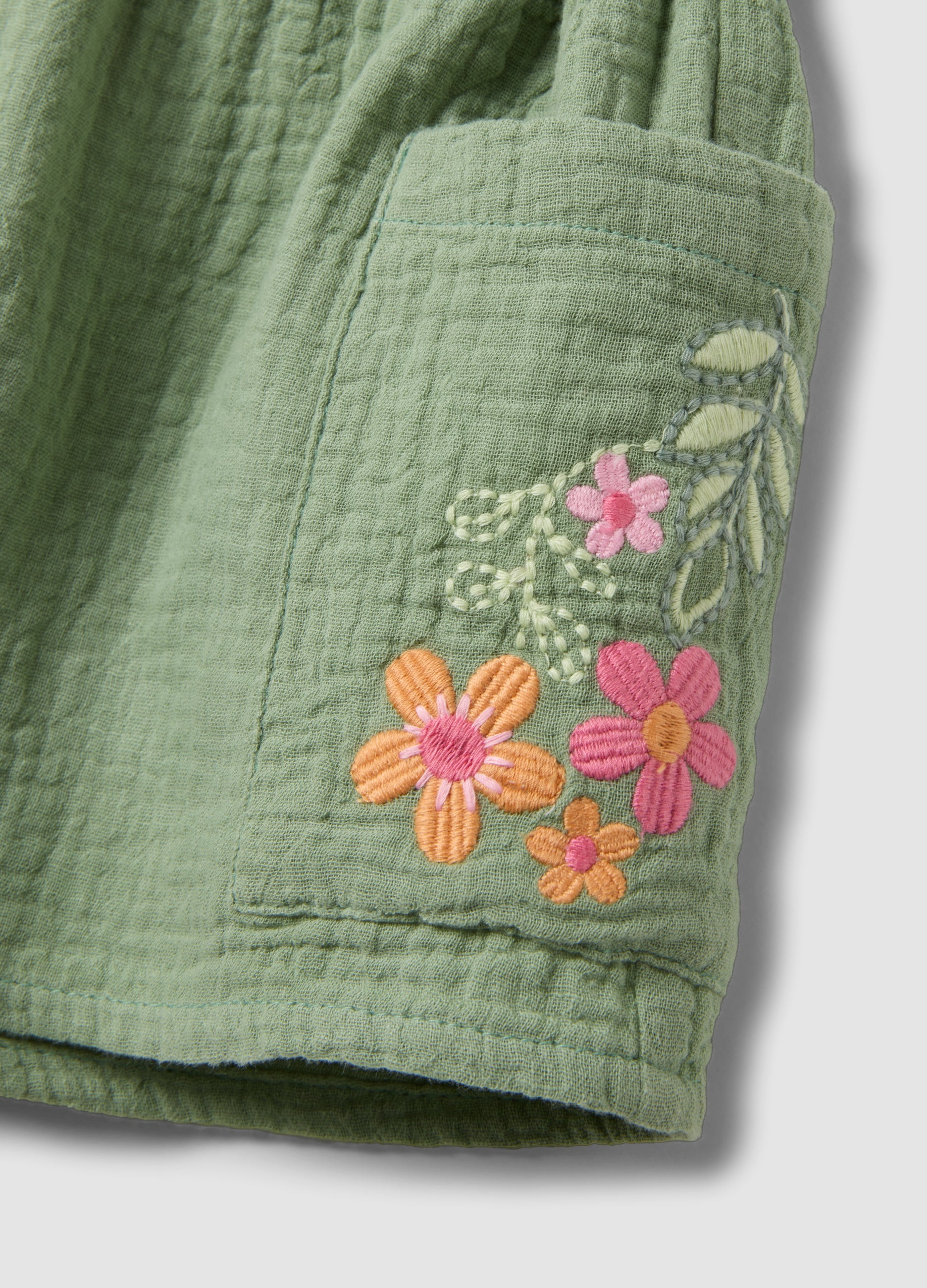 OVS Green Pure Cotton Shorts With Floral Embroidery For Baby Girl, Regular Fit
