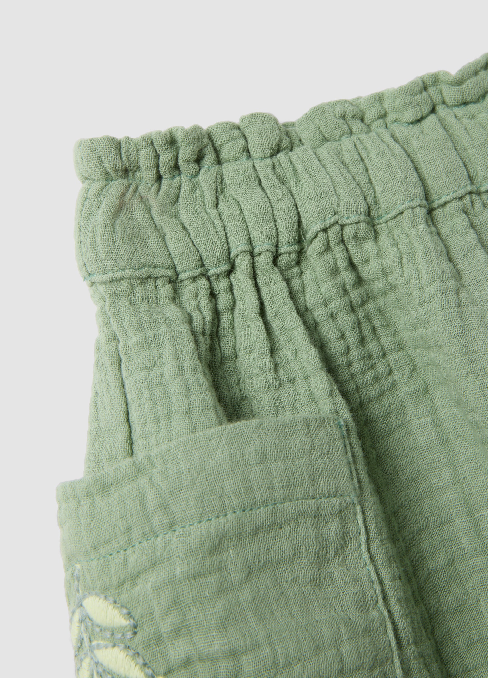 OVS Green Pure Cotton Shorts With Floral Embroidery For Baby Girl, Regular Fit