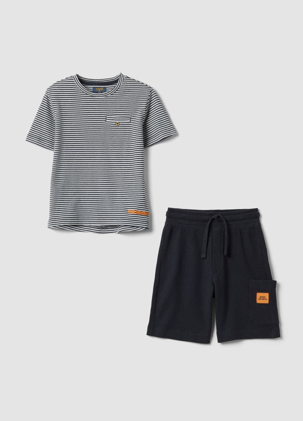 OVS Blue Cotton-Blend Set With Striped T-Shirt And Shorts
