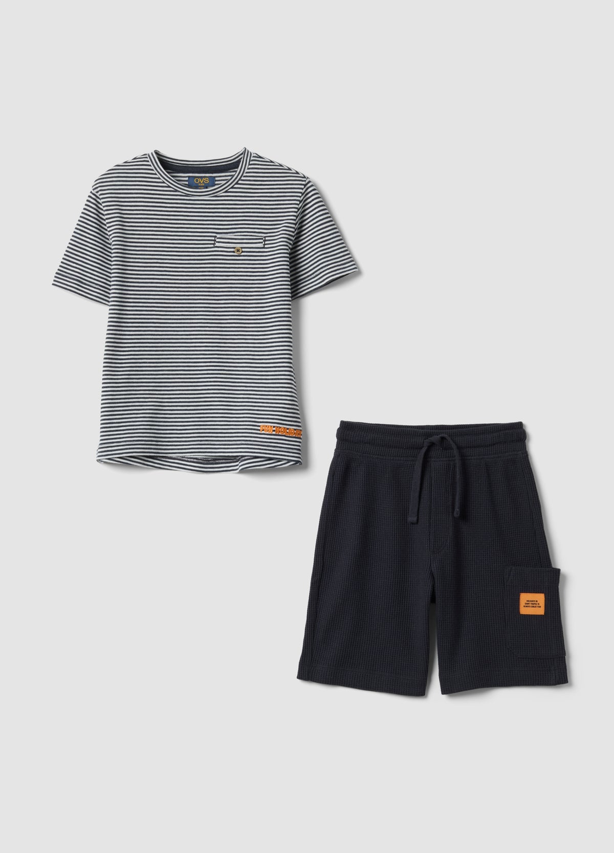 OVS Blue Cotton-Blend Set With Striped T-Shirt And Shorts