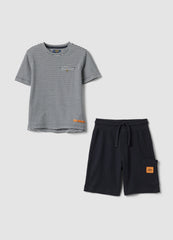 OVS Blue Cotton-Blend Set With Striped T-Shirt And Shorts