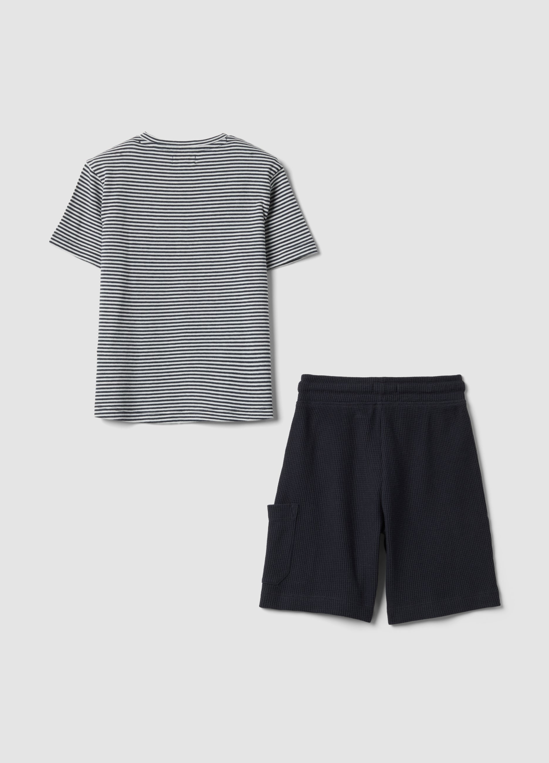 OVS Blue Cotton-Blend Set With Striped T-Shirt And Shorts