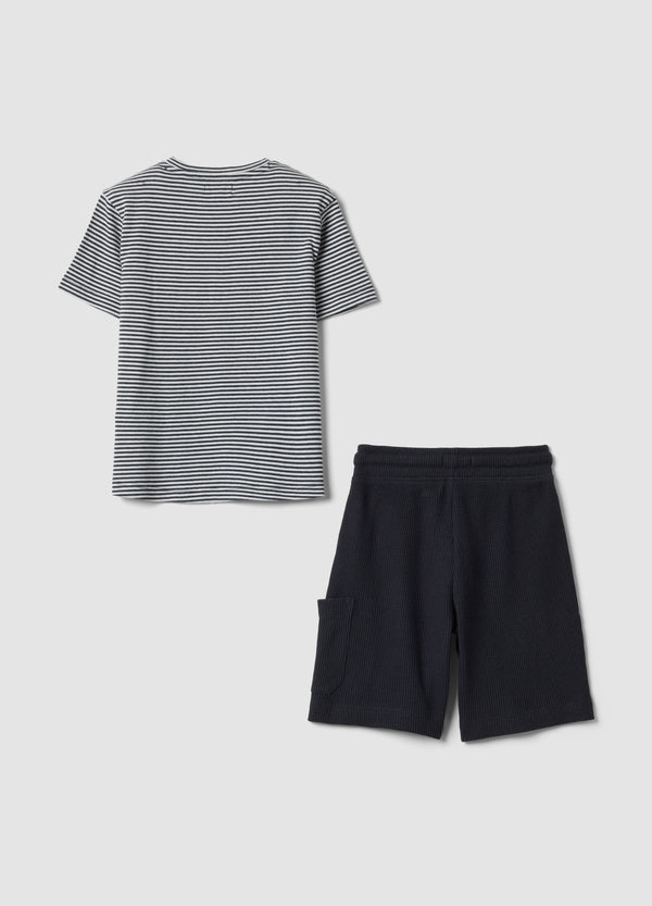 OVS Blue Cotton-Blend Set With Striped T-Shirt And Shorts