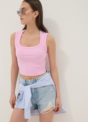 OVS Pink Cropped Stretch-Cotton Tank Top