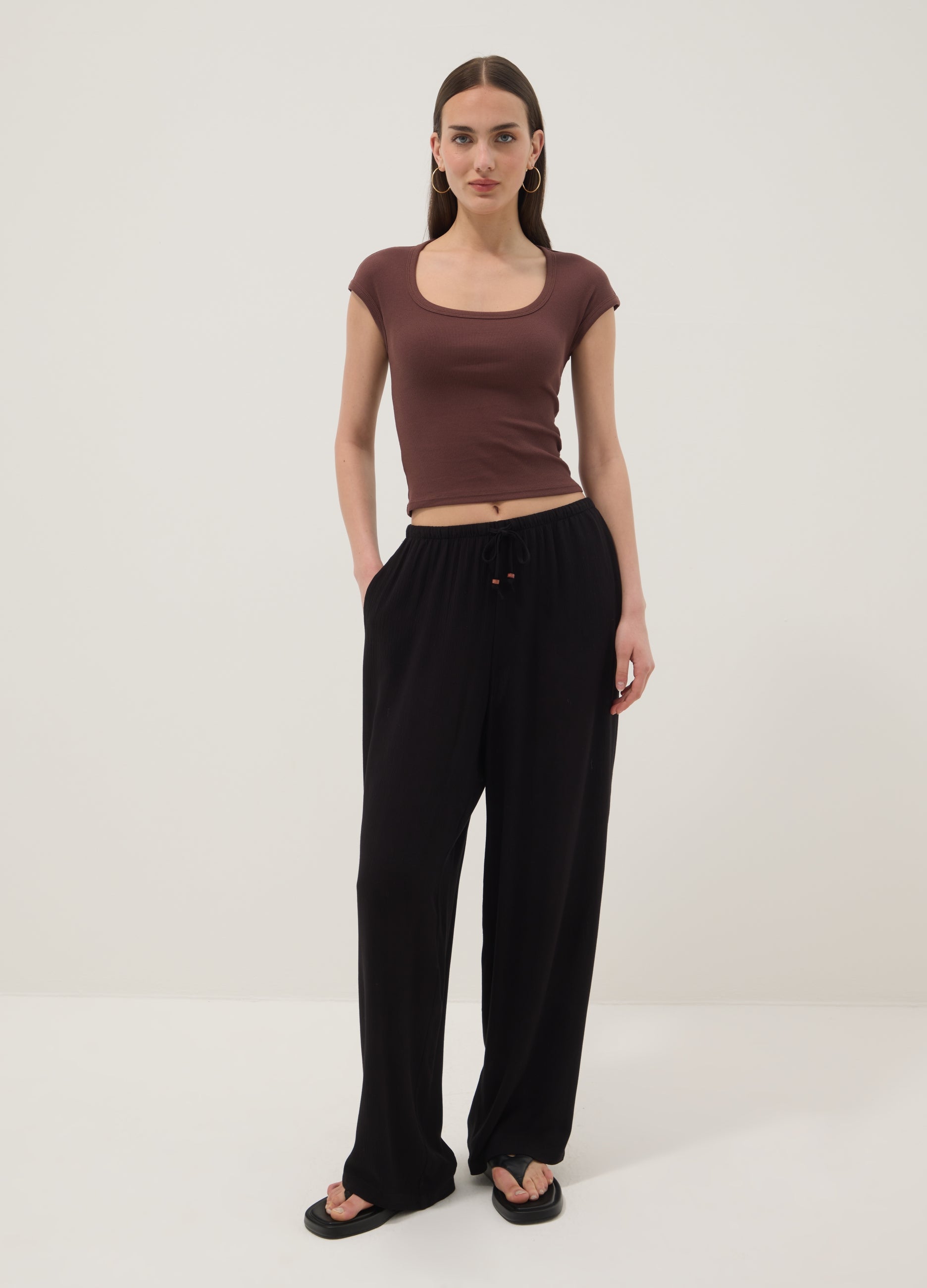 OVS Brown Short-Sleeve Stretch-Cotton T-Shirt