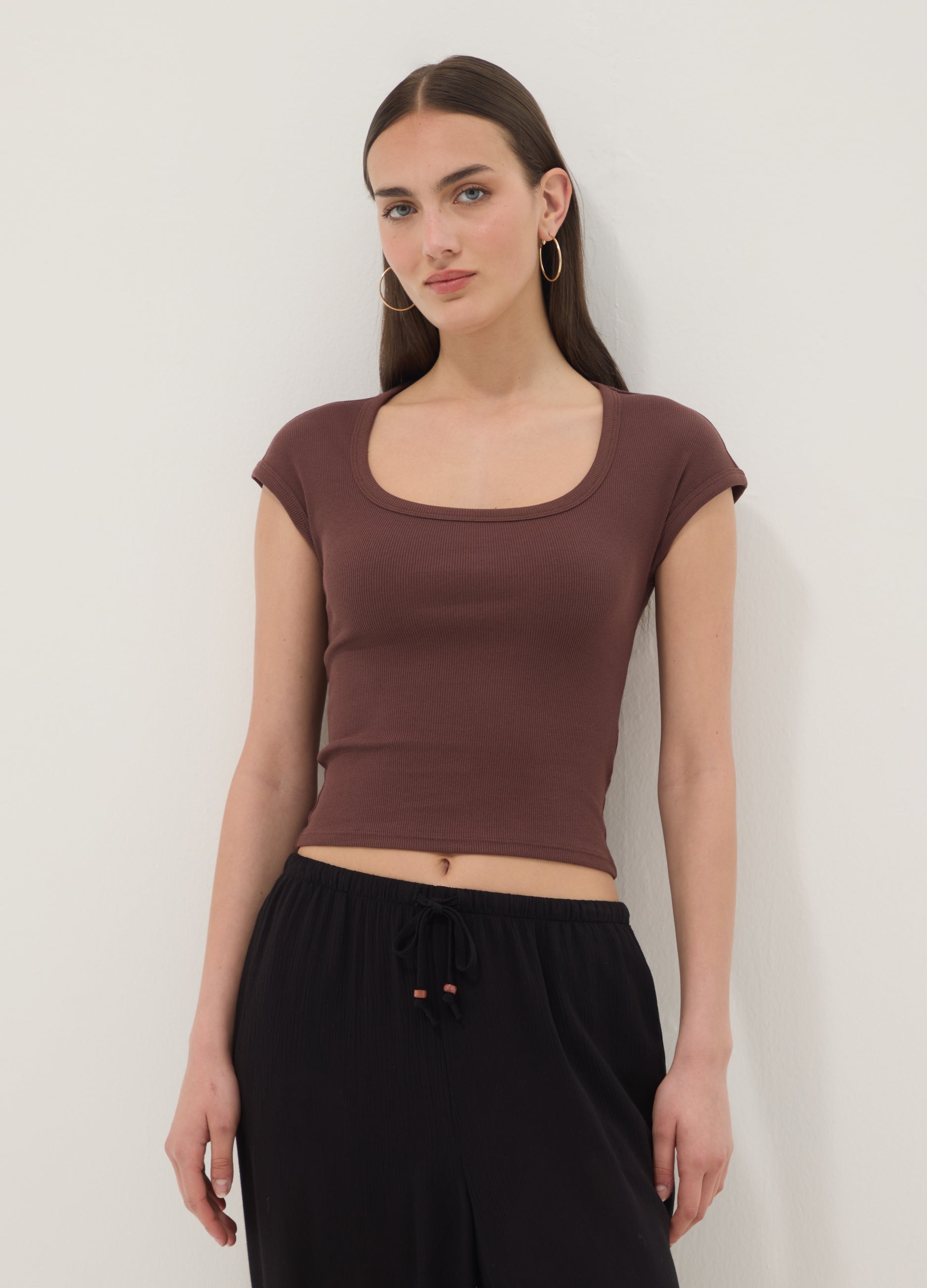 OVS Brown Short-Sleeve Stretch-Cotton T-Shirt