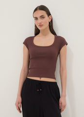 OVS Brown Short-Sleeve Stretch-Cotton T-Shirt