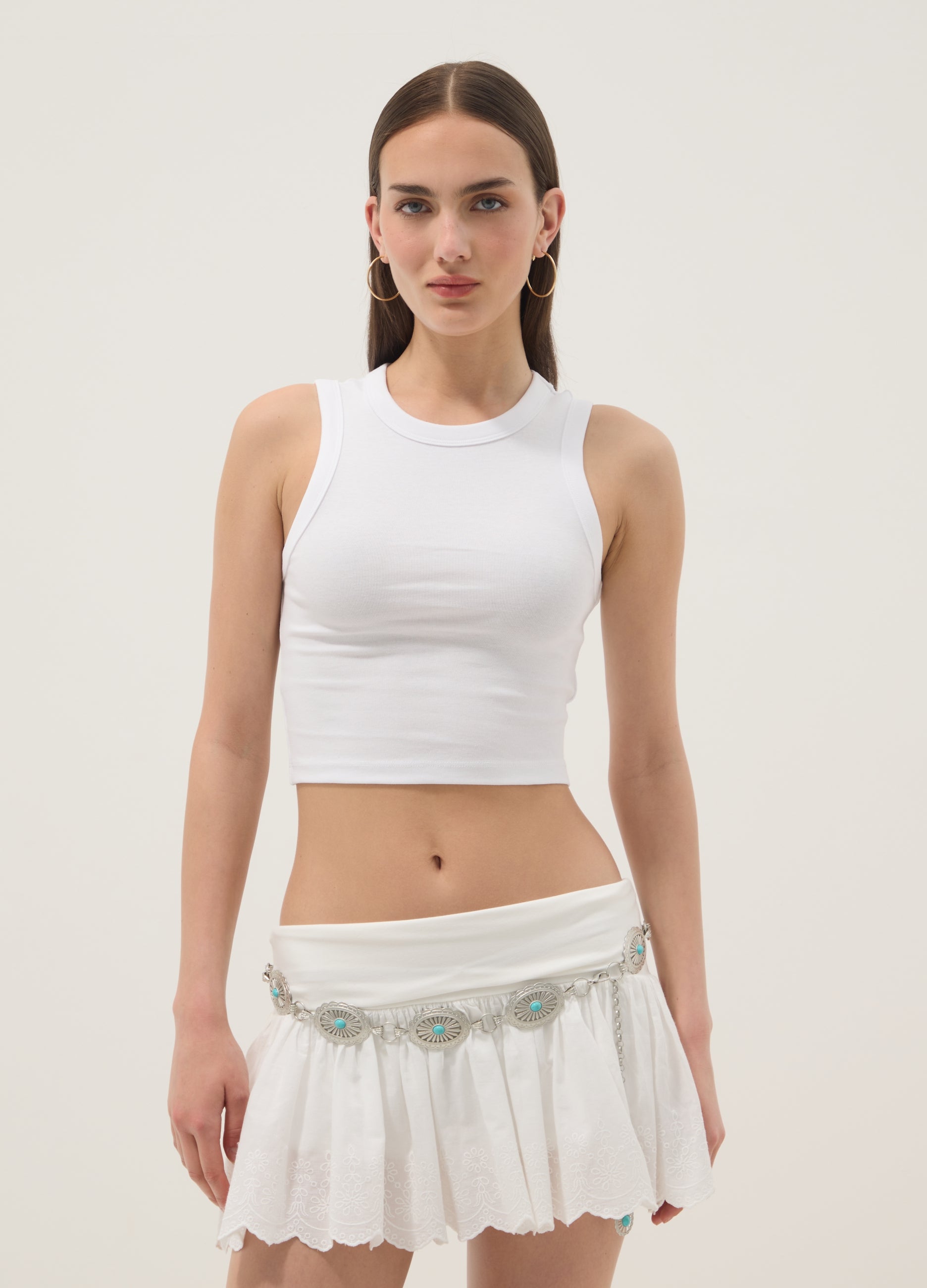 OVS White Cropped Stretch-Cotton Tank Top