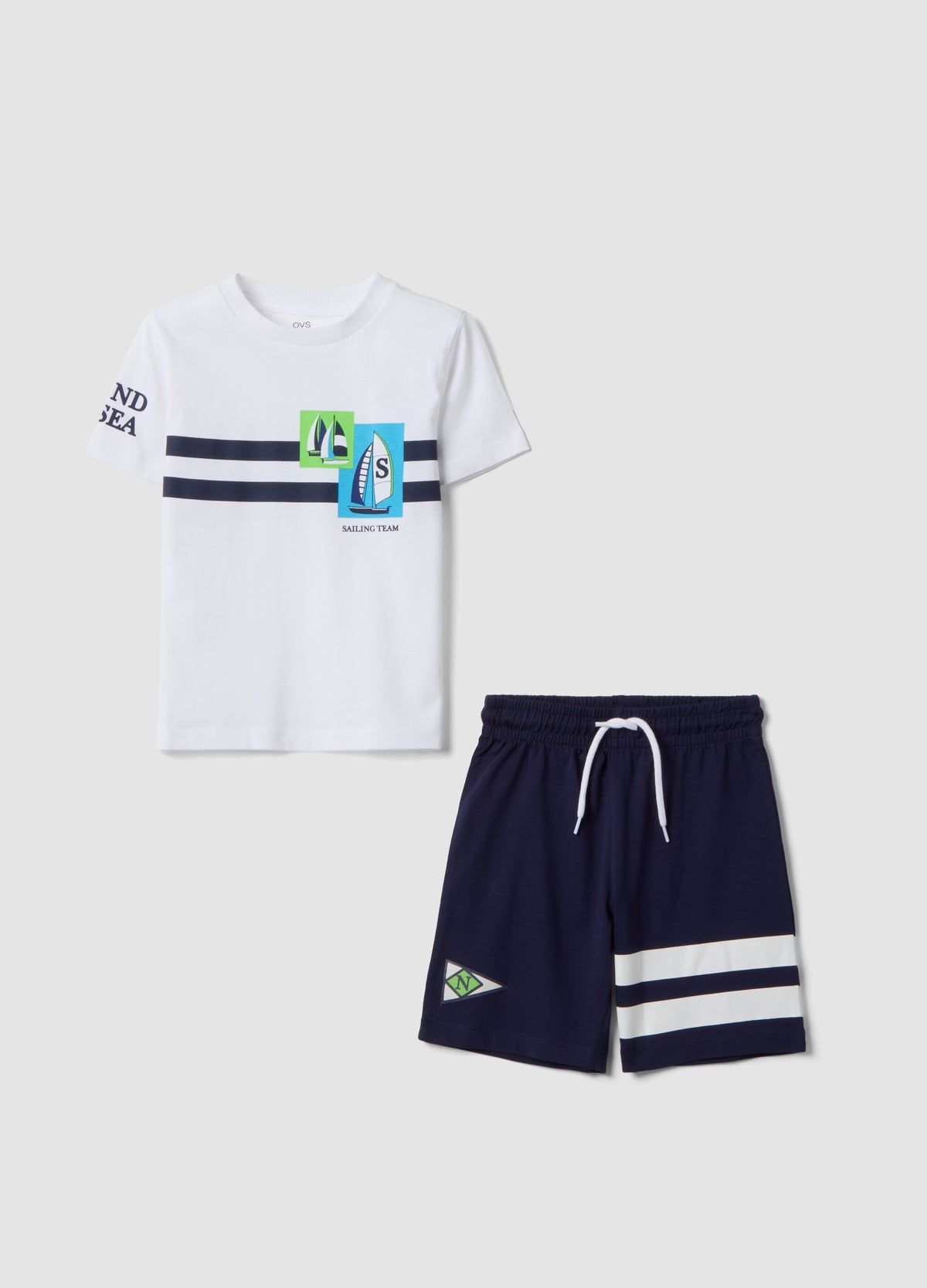 OVS White And Blue Pure Cotton Set With T-Shirt And Shorts