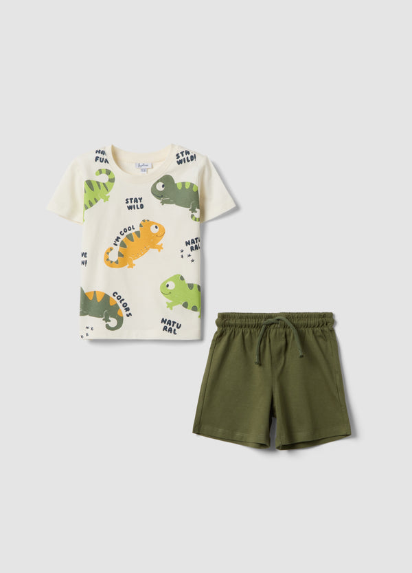 OVS White And Green Pure Cotton Set With T-Shirt And Shorts