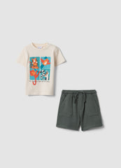 OVS Beige Pure Cotton T-Shirt And Shorts Set For Baby Boy, Regular Fit