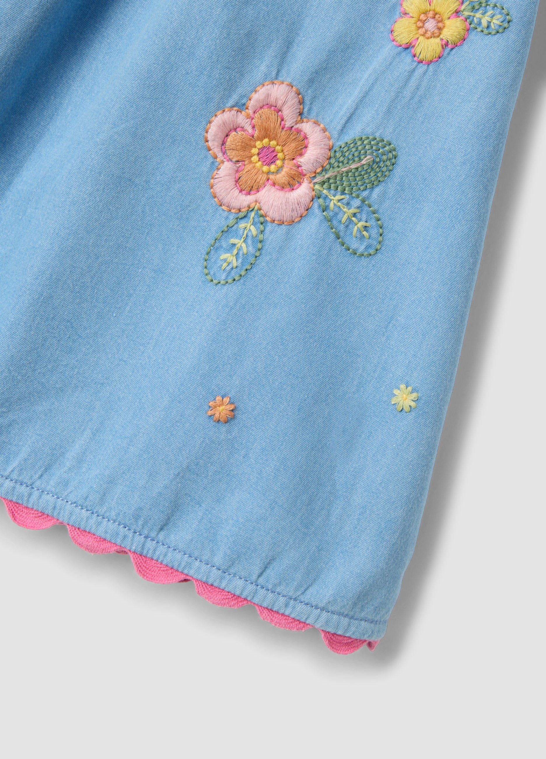 OVS Sky-Blue Pure Cotton Dress With Floral Embroidery