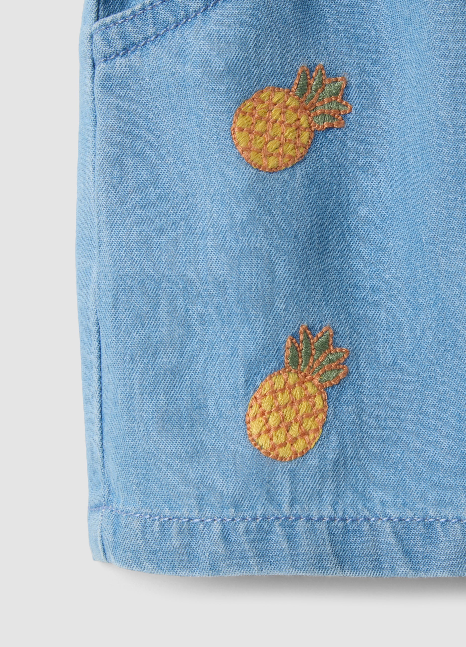 OVS Sky-Blue Pure Cotton Shorts With Embroidery