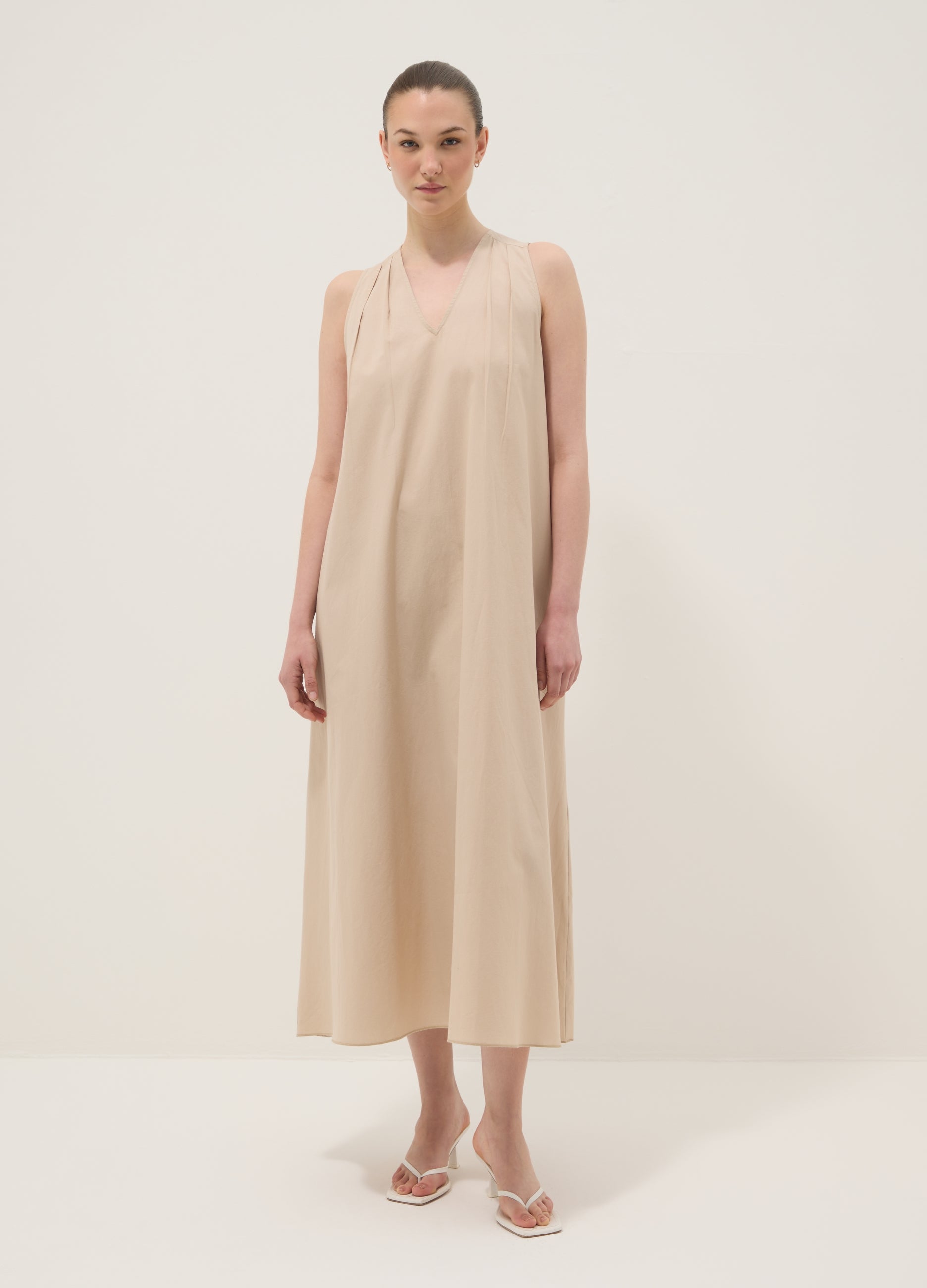 OVS Beige Midi Dress In Pure Cotton With V-Neck