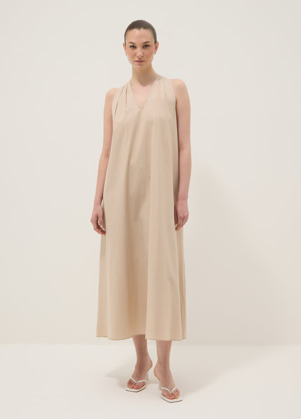 OVS Beige Midi Dress In Pure Cotton With V-Neck