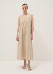 OVS Beige Midi Dress In Pure Cotton With V-Neck