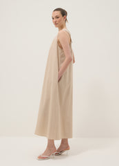 OVS Beige Midi Dress In Pure Cotton With V-Neck