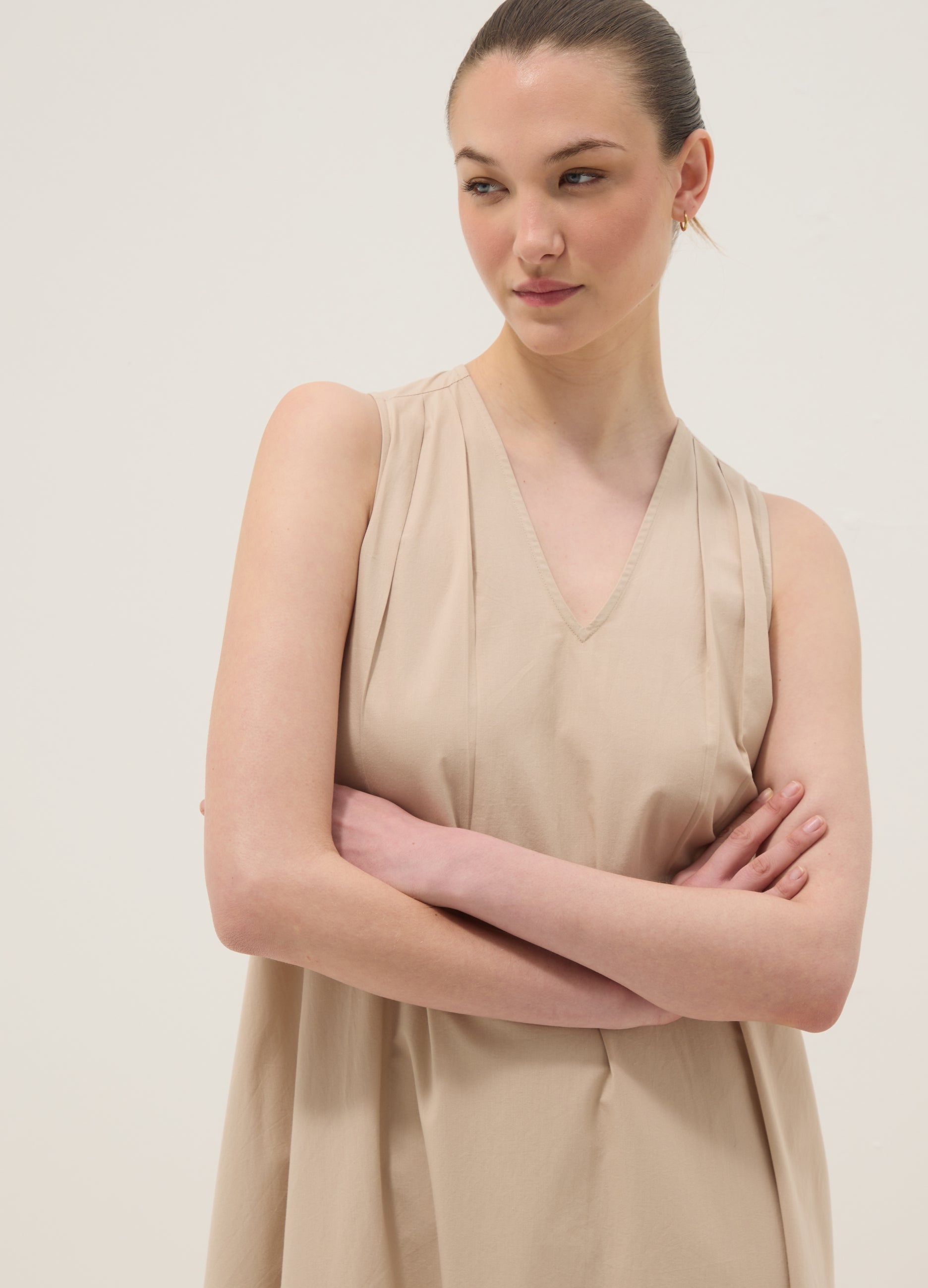 OVS Beige Midi Dress In Pure Cotton With V-Neck