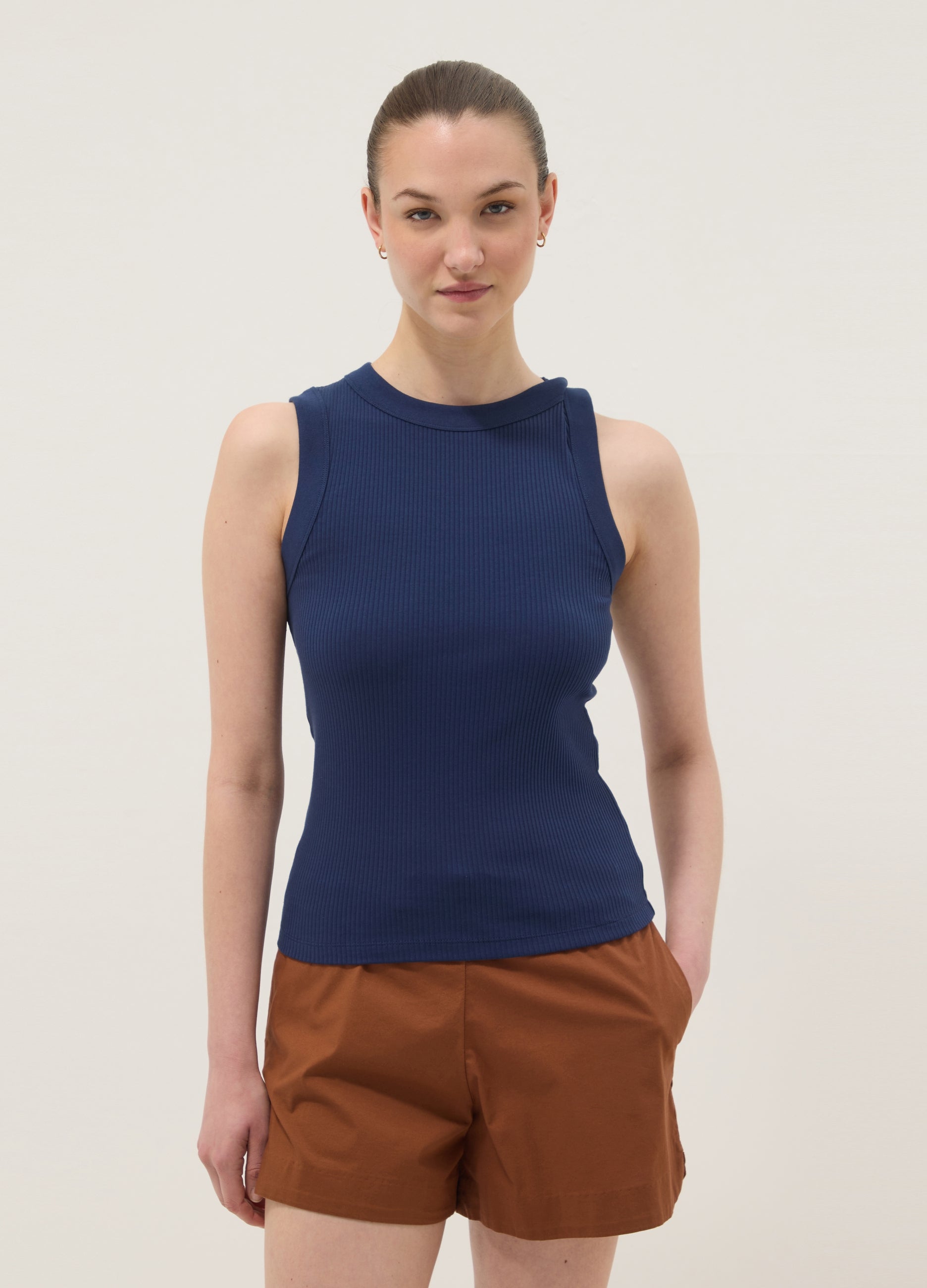 OVS Blue Fitted Ribbed Stretch-Cotton Tank Top