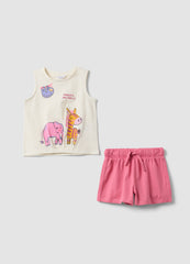 OVS Pink And White Pure Cotton Set With Top And Shorts